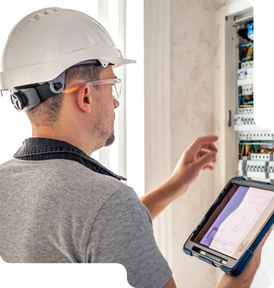 A happy homeowner consulting with a friendly LampPost electrician during a light fixture installation.