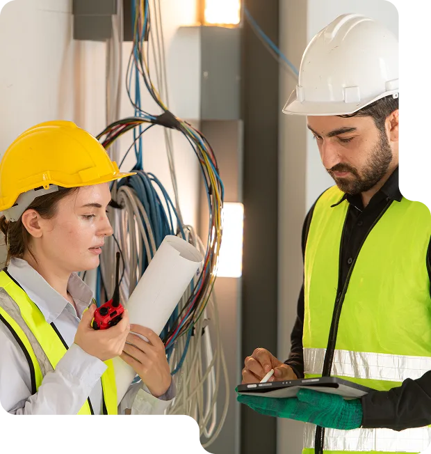 A happy homeowner consulting with a friendly LampPost electrician during a light fixture installation. (5) A happy homeowner consulting with a friendly LampPost electrician during a light fixture installation.